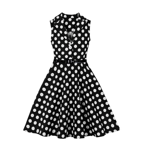 Retro Polka Dot Sleeveless Dress with Belt