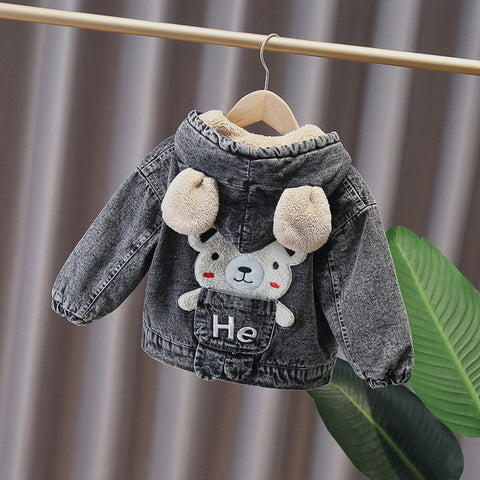 Adorable Denim Hooded Jacket with Bear Appliqué