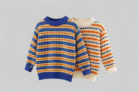 Two children's striped sweaters on hangers against a gray background