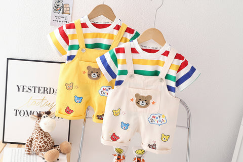 Rainbow Stripe T-Shirt and Bear Overalls Set