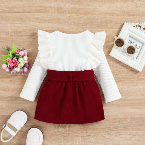 Cute Bow Detail Corduroy Skirt and Ribbed Pullover Set