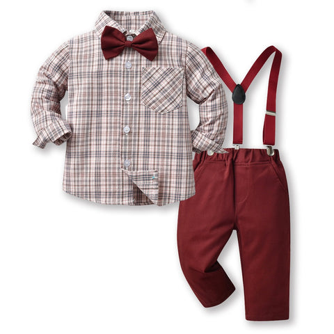 Gentleman Plaid Shirt, Suspender Pants and Bow Tie Set