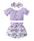 Lavender children's outfit with top, shorts, and headband on a white background