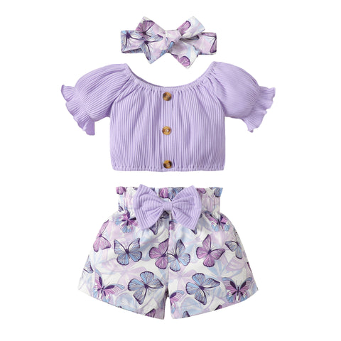 Lavender children's outfit with top, shorts, and headband on a white background