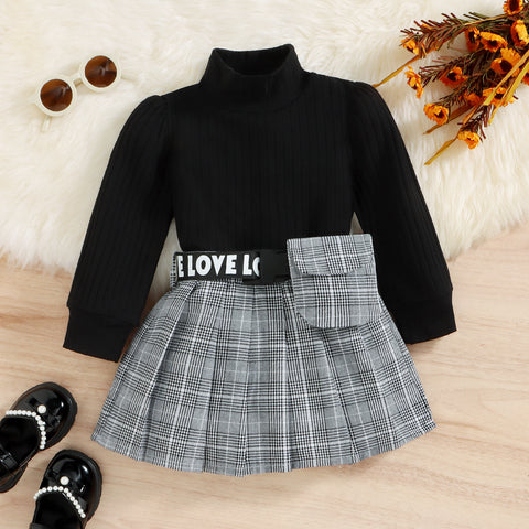 Cozy Ribbed Knit Turtleneck Pullover and Plaid Skirt Set