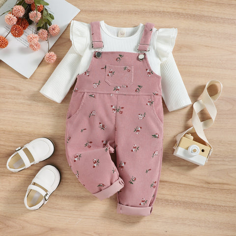 Floral Corduroy Overalls and Ruffle Blouse Set