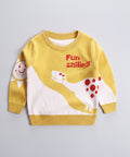 Yellow sweater with dinosaur design and 'Fun sailing' text on a white background