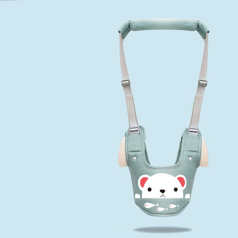 Light blue baby walker with a bear design on a light blue background