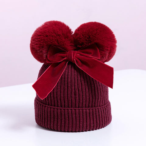 Knit Beanie with Double Pom and Velvet Bow