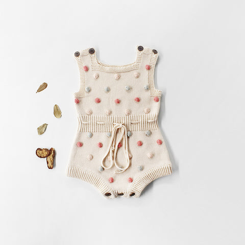Handmade Knit Romper with Pom Pom Dots
