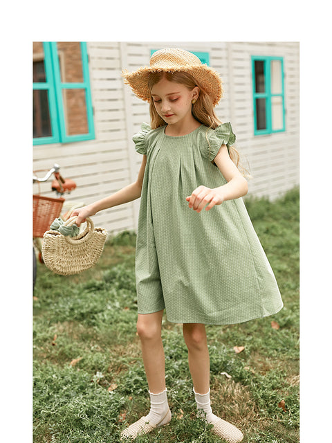 Cotton Blend Dress Flutter Sleeve Detail