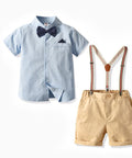 Children's outfit with light blue shirt, beige shorts, and suspenders on a white background