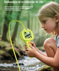 Child holding a green device by a stream with text about IP67 rating and water resistance.