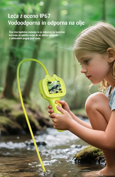Child holding a green device by a stream with text about IP67 rating and water resistance.