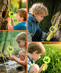 Children exploring nature with a magnifying glass, surrounded by trees and water.