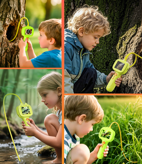Children exploring nature with a magnifying glass, surrounded by trees and water.