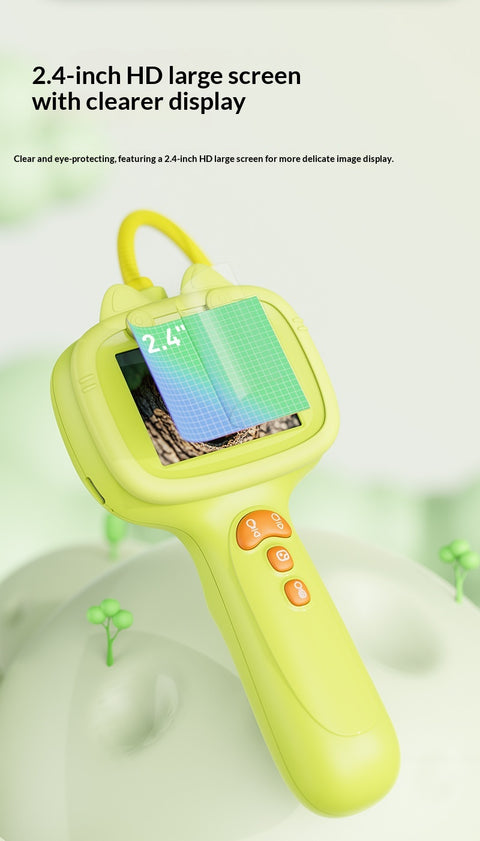 Yellow handheld device with a 2.4-inch HD screen on a white background