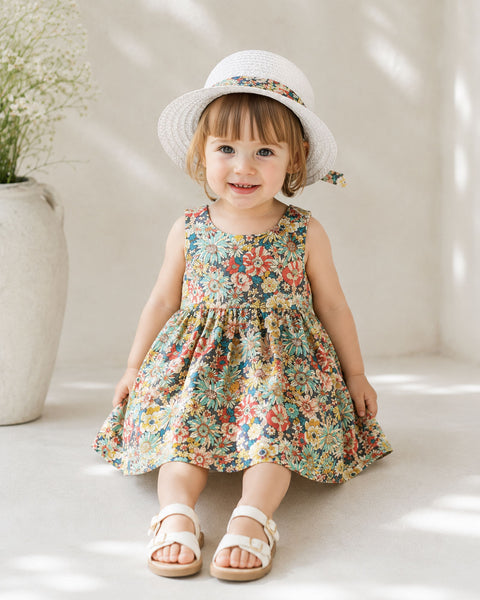 Floral Cotton Dress with Yellow Bow and Sun Hat