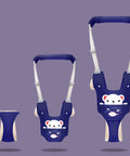Navy blue baby bouncer with white bear design on a purple background