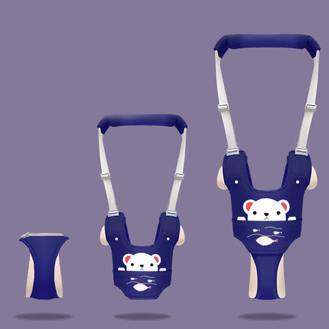 Navy blue baby bouncer with white bear design on a purple background