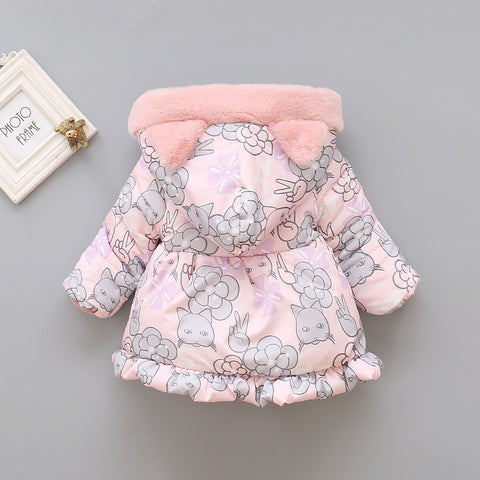 Floral Puffer Jacket and Plush Cat Bag Set