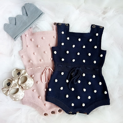 Handmade Knit Romper with Pom Pom Dots