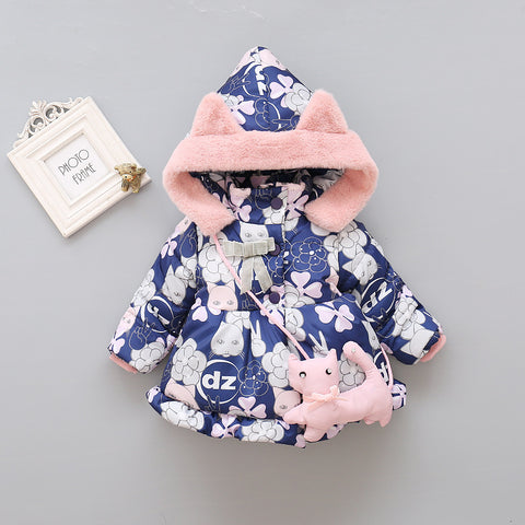 Floral Puffer Jacket and Plush Cat Bag Set