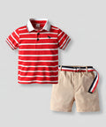 Red and white striped polo shirt with beige shorts on a white background