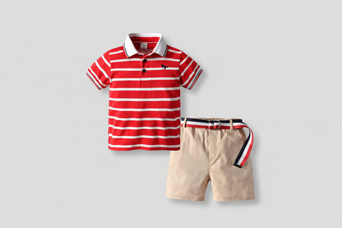 Red and white striped polo shirt with beige shorts on a white background