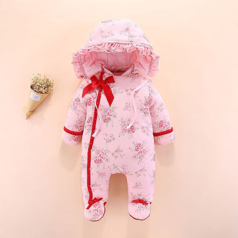 Warm Cotton Floral Jumpsuit with Detachable Hood
