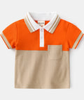 Orange and beige polo shirt with white collar on a light gray background