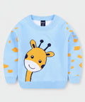 Children's sweater with a cartoon giraffe design on a light blue background