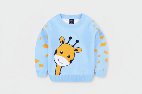Children's sweater with a cartoon giraffe design on a light blue background
