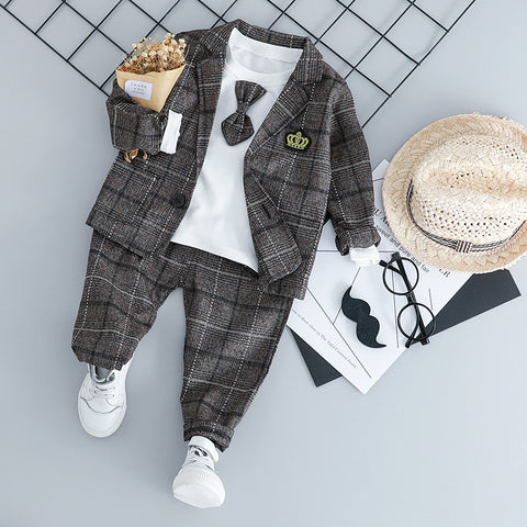 Wool Checked Blazer, T-Shirt, Pants and Bow Tie Set