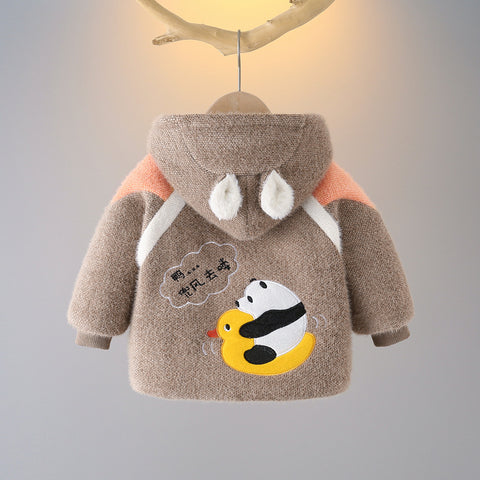 Topla flis jakna s kapuco in našitom pande