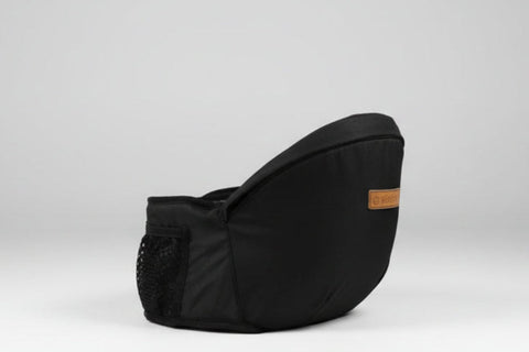 Black waist bag with a brand label on a white background