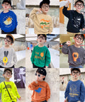Collage of a young boy wearing different sweatshirts with various designs in various settings.