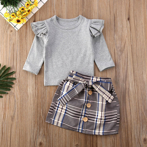 Soft Cotton Ruffle Sleeve Pullover and Plaid Skirt Set