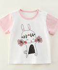 Children's t-shirt with a bunny design on a hanger against a white background