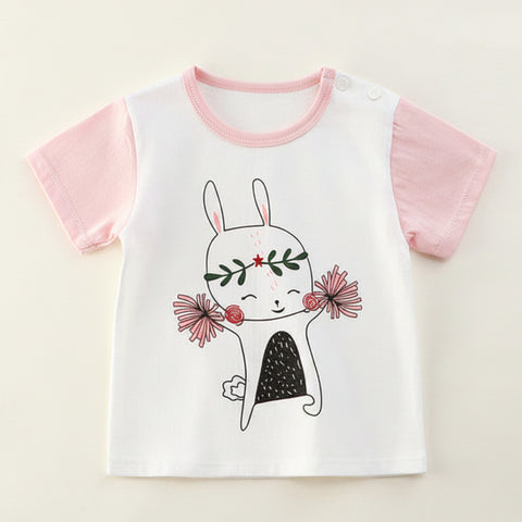 Children's t-shirt with a bunny design on a hanger against a white background