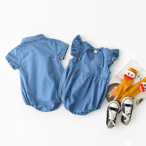Denim Collared Romper and Ruffle Romper Set