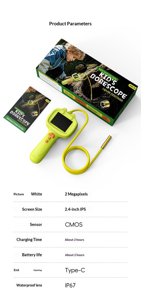 Children's telescope with packaging and product details on a white background