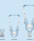 Baby walking harness with bear design on a light blue background