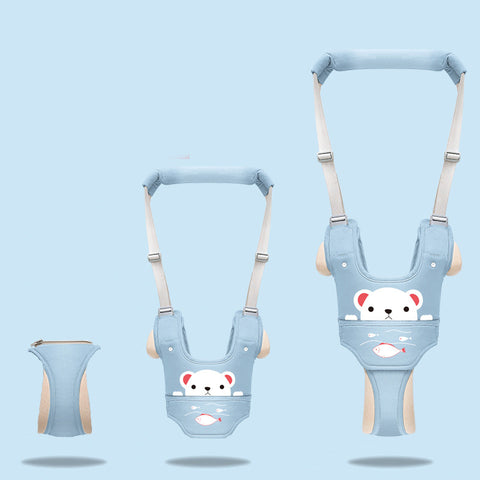 Baby walking harness with bear design on a light blue background