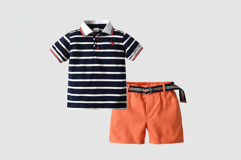 Children's outfit with striped polo shirt and orange shorts on a white background