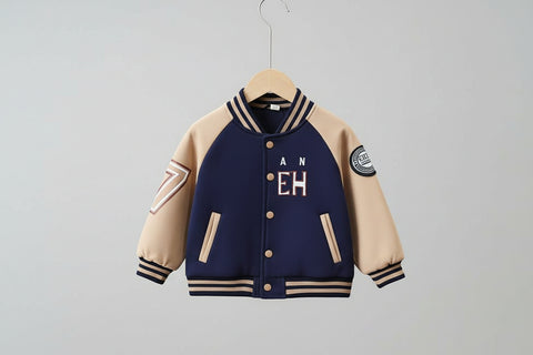 Navy and beige varsity jacket with number 7 on a hanger against a neutral background