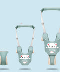 Green baby harness with bear design on a light blue background