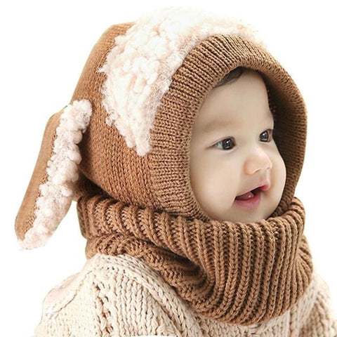 Cotton-wool knitted hood hat with floppy ears
