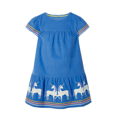 Blue dress with unicorn pattern on a white background