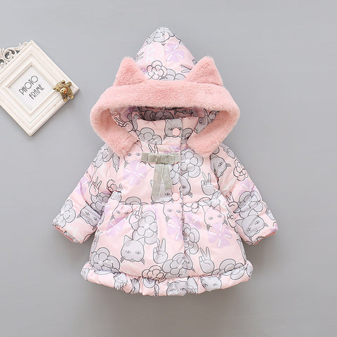 Floral Puffer Jacket and Plush Cat Bag Set